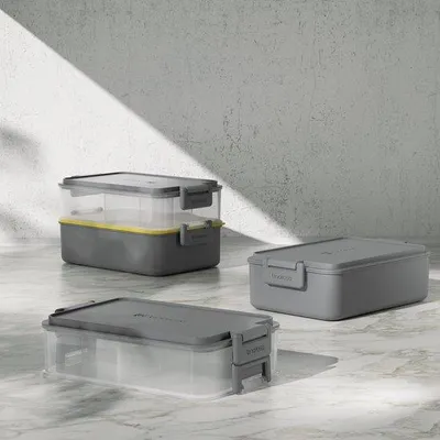 Immagine prodotto di Set di stoviglie per adulti composto da un contenitore Bento a 3 scomparti, un contenitore per salse e piatti, adatto al microonde e alla lavastoviglie, senza BPA, grigio
