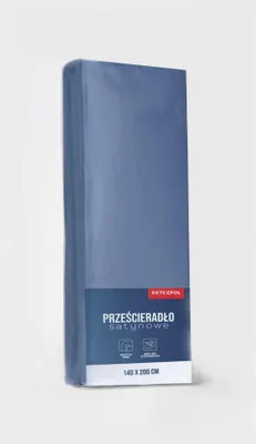 A folded blue satin bedsheet is presented upright against a light gray background.