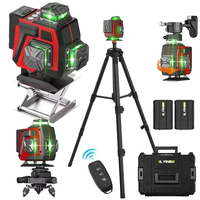 Immagine prodotto di Livella laser verde a 16 linee - Laser a linee autolivellante a 360° - Orizzontale e verticale - Telecomando - Treppiede da 1,2 m - Valigetta in plastica