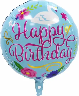 Produktbild von Folienballon Happy Birthday rund 45 cm, Blumen Schwan blau pink