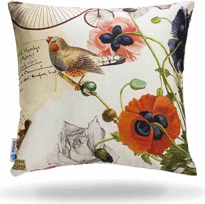 Immagine prodotto di Cuscino decorativo etéreo, copricuscino vintage con motivo di uccelli, 40x40 cm, color tortora, 100% cotone
