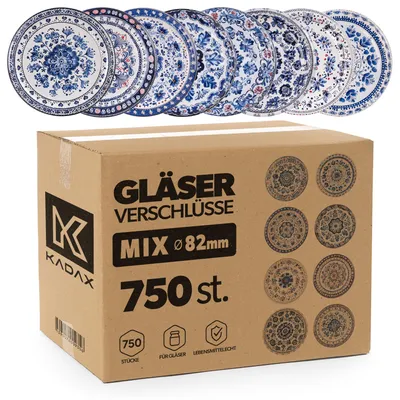 Obrázek produktu pro KADAX Šroubovací víčka, průměr 82 mm, 750 kusů, sada víček typu "Twist-Off" z kovu, náhradní víčka pro sklenice na zavařeninu, marmeládu, med a sklenice se šroubovacím uzávěrem (modrá/bílá)