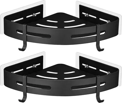 Produktbild von PolkaHome® Eckregal Duschregal ohne Bohren – 2-stöckiges Aluminium Badregal mit 4 Haken, selbstklebend, wasserdicht, für Bad & Küche,