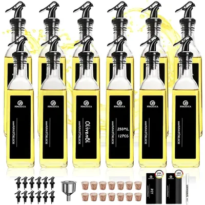 Produktbild von Öl- & Essigflaschen aus Glas - 12er Set 250 ml - Borosilikatglas - Rechteckig - Ausgießer & Korken - Etiketten & Edelstahltrichter - Transparent