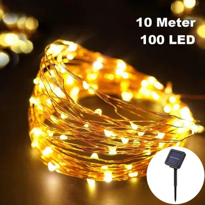 A coiled string of solar-powered LED lights.