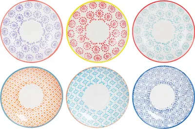 Produktbild von Nicola Spring Cappuccino-Untertassen aus handbedrucktem Steingut – 14,5 cm – Mehrfarbig – 6er-Pack