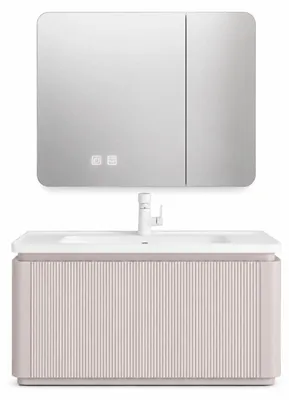 Image de Ensemble meuble de salle de bain avec vasque et armoire miroir LED - 100 cm - Kaki - SARIA