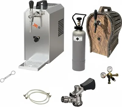 Produktbild von Komplett Set - Zapfanlage JET 30 Bierkoffer, Bierzapfanlage, Durchlaufkühler 1-leitig Trockenkühler, bis zu 35 Liter/h mit Holzfass, Zapfkopf: Korb
