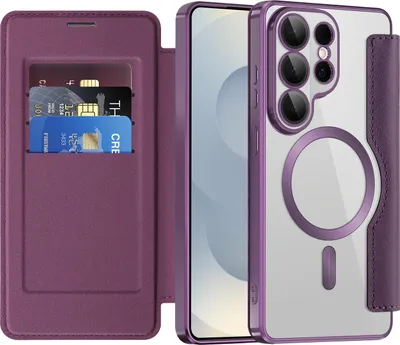 Produktbild von Klapphülle für Samsung Galaxy S26 Ultra Kompatibel mit Magsafe, Klar Überzug Kartenhalter Ledertasche mit Kameraschutz Lila
