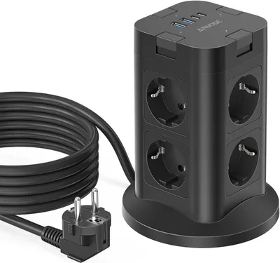 Produktbild von Steckdosenleiste mit Schalter – 8-fach Steckdosenleiste mit 4 USB-Anschlüssen – Überspannungsschutz – 1050 J – Schwarz