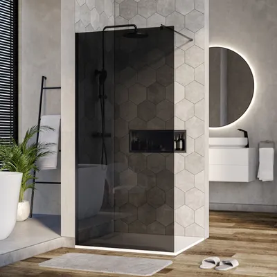 Produktbild von Duschabtrennung Walk-In Nano EX101 - Graues Glas - 8 mm - Wandprofil Schwarz - Breite wählbar, Breite Walk-In:1000mm