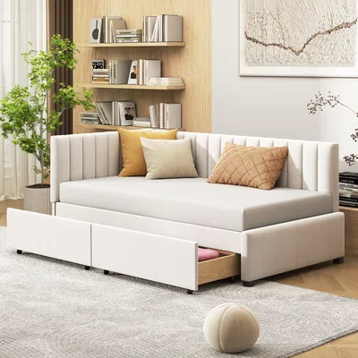 Produktbild von Schlafsofa mit Bettfunktion, Lattenrost und Schubladen, 90x200cm, Einzelbett, Polsterbett, Samt