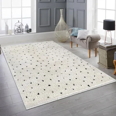 Immagine prodotto di Tappeto moderno a pelo alto con design a pois Beige morbido e moderno con pois neri Dimensioni - 140 x 200 cm