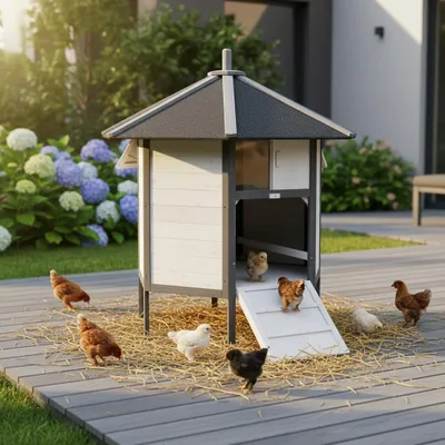 A chicken coop with several chickens in a backyard setting.