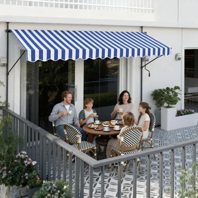 Produktbild von FIVMEN Klemmmarkise Balkon 300cm breit - Markise mit Handkurbel Höhenverstellbar Balkonmarkise ohne Bohren, UV-Schutz, Sonnenschutz, Wetterfest (300 x 120cm, Blau-Weiß)