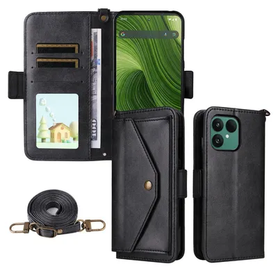 A black leather wallet-style phone case with a phone inserted, shown from multiple angles, along with a detachable strap.