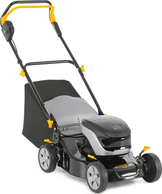 A product shot of a cordless lawnmower on a white background.