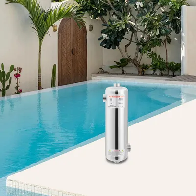 Obrázek produktu pro Výměník tepla – ohřev bazénu – nerezová ocel – výkon 58,6 kW – pro vestavěné bazény, lázně a vířivky – vodní podlahové vytápění – stříbrná barva