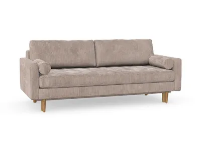 Produktbild von Esme II 3-Sitzer-Sofa mit Schlaffunktion, Massivholzkonstruktion, skandinavischer Stil, gestepptes Sitzkissen, Hohe Beine aus Eichenholz, gewachst, Cord-Stoff Poso 2 Cappuccino