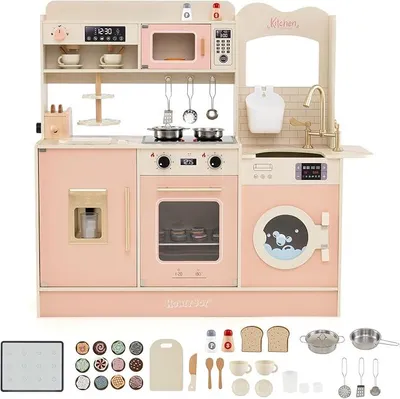 Imagen del producto de Cocina de juguete para niños, con 22 accesorios, cocina de madera con horno, grifo, microondas, cafetera, tostadora y dispensador de helado, luces y sonidos, ideal para niños a partir de 3 años (rosa)