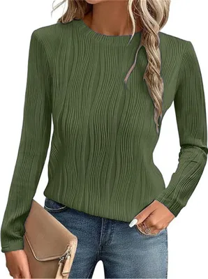 Image de ASKSA T-shirt femme col rond plissé Manches longues Basic Unicolore Casual Blouse Elégante Hauts (Vert,L)