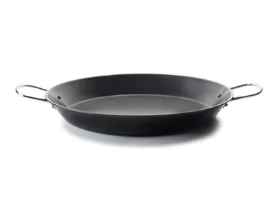 A black paella pan with two handles is shown against a white background.