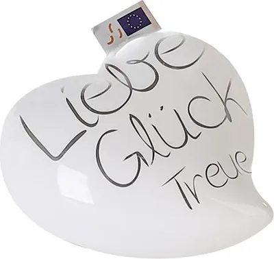 Produktbild von Gilde Spardose, Herz, Liebe Glück Treue, Schriftzug, Porzellan, weiß, VE 6 Höhe: 7.00 cm Breite: 14.50 cm Tiefe: 14.00cm 36102