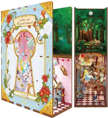 Produktbild von Habarri | DIY Book Nook - Alice im Wunderland - Puzzle 3D - Miniatur Haus Kit mit Möbeln und LED-Licht - Buch Ecke Kit