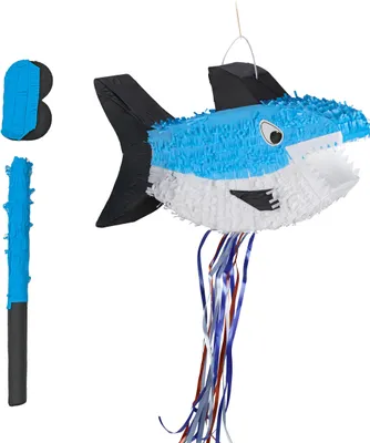 Immagine prodotto di Relaxdays Pinata Squalo, con bastone e maschera, pinata per feste per bambini, compleanni, da riempire, A x L x P: 29 x 50,5 x 10 cm, colorata