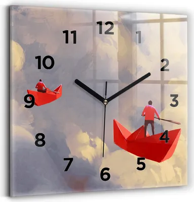 Produktbild von Wallfluent Wanduhr – Stilles Quarzuhrwerk - Uhr Dekoration Wohnzimmer Schlafzimmer Küche - Zifferblatt - schwarze Zeiger - 30x30 cm - Papierschiffe