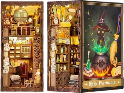 Image de Habarri | DIY Book Nook - La Pharmacie magique - Puzzle 3D - Kit maison miniature avec meubles et lumière LED - Kit coin de livre