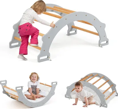 Produktbild von GOPLUS Kinder Kletterbogen mit Kissen, Kletterdreieck Indoor aus Holz, Klettergerüst zum Wippen & Klettern für Kinder ab 3 Jahren (Grau)