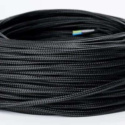 Image de Câble textile extra-mince Câble de lampe pour lustres, 1 mètre/1m, couleur noire, câble textile gainé, câble électrique mince, 3 fils 3x0,75mm² avec conducteur de terre