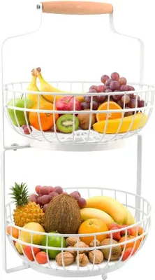 Produktbild von Famanu Obstschale Etagere mit Holzgriff - 2 Etagen - für Obst und Gemüse in Küche und Büro