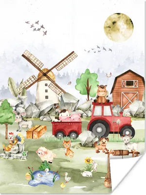 Produktbild von MuchoWow® Poster Bauernhof - Traktor - Kinder - Tiere 120x160 cm - Wandbilder