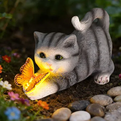 Productafbeelding van Tuindecoratie kat, kattenfiguur voor de tuin, grappige kattenfiguren met vlinders, LED-zonnelampen, zonne-energie tuinbeelden, kattenbeeld van hars