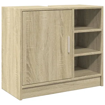 A light brown wooden cabinet with a door and open shelves.