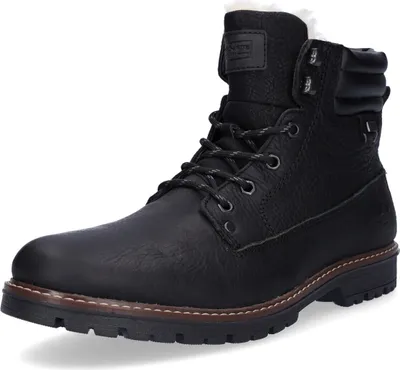 A black leather boot with white fur lining.