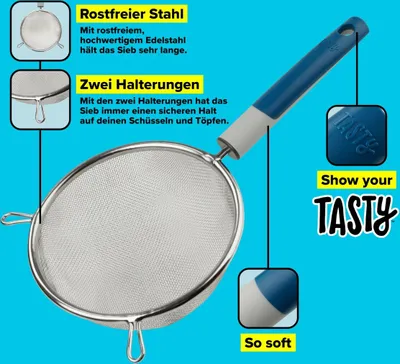 Produktbild von Tasty Edelstahl-Sieb mit Halterung, rutschfester Küchensieb zum Abtropfen von Nudeln oder Sieben von Mehl