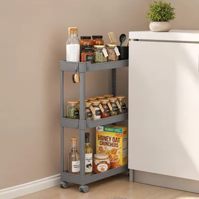 Imagen del producto de Carrito de almacenamiento Roxlin con 4 ganchos – Carrito estrecho con ruedas para la cocina, el baño, la lavandería y el hogar – Ahorra espacio – 3 niveles – Gris