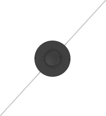 A top-down view of a black spool of trimmer line with two thin gray lines extending diagonally from it against a white background.