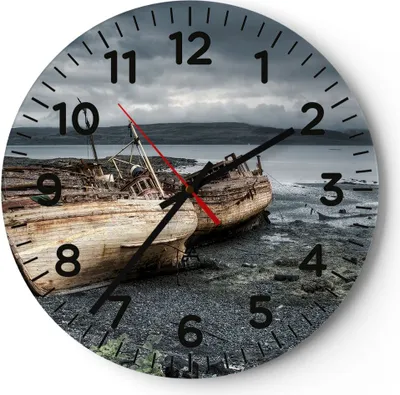 Produktbild von Wanduhr - Rund - Glasuhr - Boot Wrack Ufer - 40x40cm - Schleichendes Uhrwerk - Lautlos - zum Aufhängen bereit - Dekoration Modern - Wanddekoration aus Glas - C4AR40x40-3810