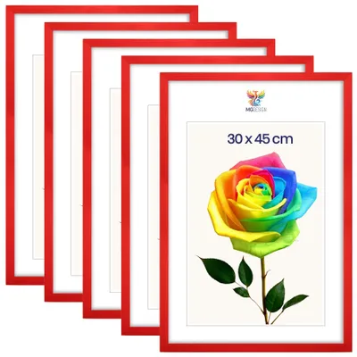 Obrázek produktu pro MG Design, sada 5 kusů rámečků na obrázky, rozměr 30 x 45 cm – rámečky na plakáty s červeným rámem z masivního dřeva a odolným akrylovým sklem, vhodné pro vertikální i horizontální formáty, s robustním systémem pro zavěšení na zeď