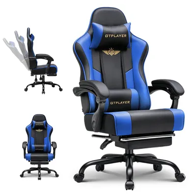 Produktbild von Gamingstuhl - Ergonomischer Bürostuhl Mit Fußstütze Kopfstütze Lendenstütze - Höhenverstellbar Drehbar - Kunstleder Mit Rollen - Blau