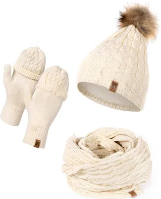 Produktbild von Mütze Schal Handschuh Set für Damen | Gefütterte Wintermütze mit Kunstfellbommel | Großer Loop Schal | Gestrickte Finger/Fingerlose- Winterhandschuhe für Touchscreen Beige