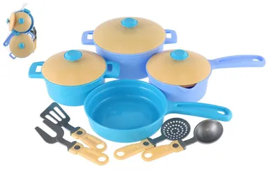 Image de Jeu de 11 pièces en aluminium, comprenant des poêles et des accessoires en plastique, présenté dans un sachet