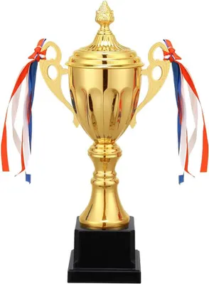 Productafbeelding van Goudkleurige metalen trofee voor sportevenementen en teamonderscheidingen, ca. 30 x 10 x 9 cm