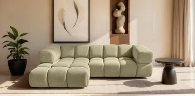 Productafbeelding van Designbank BLANCHE, hoekbank, bekleding: stof Puente, olijgroen, met ottoman aan de linkerkant