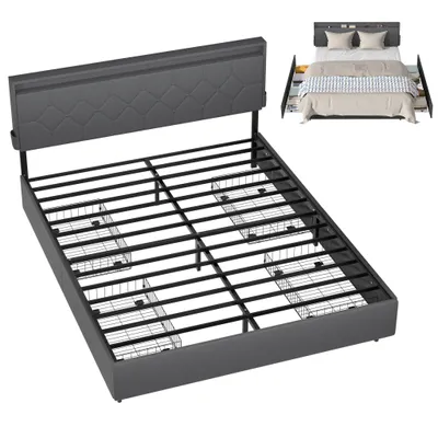 Produktbild von XINZI Polsterbett Doppelbett mit Gepolstertem Kopfteil & 4 Schubladen, Bettgestell aus Leinen, ohne Matratze (140 x 200 cm, Dunkelgrau)