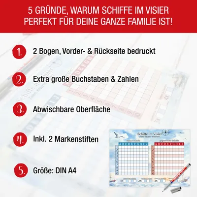 Produktbild von Schiffe versenken Spiel abwischbar - 2x A4 inkl. Stifte | Das Klassiker Spiel Schiffe versenken feucht abwischbar | Extra Große Schrift für Senioren | Spiel 2 Personen